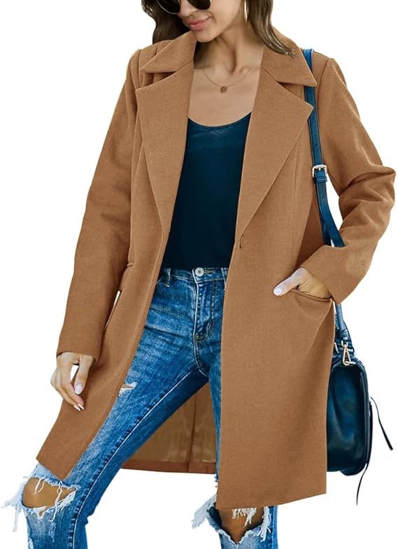 Womens Casual Long Sleeve Wool Blend Pea Coat Lapel Notched Collar Warm Midi Jacket Overcoat | Amazon (US)