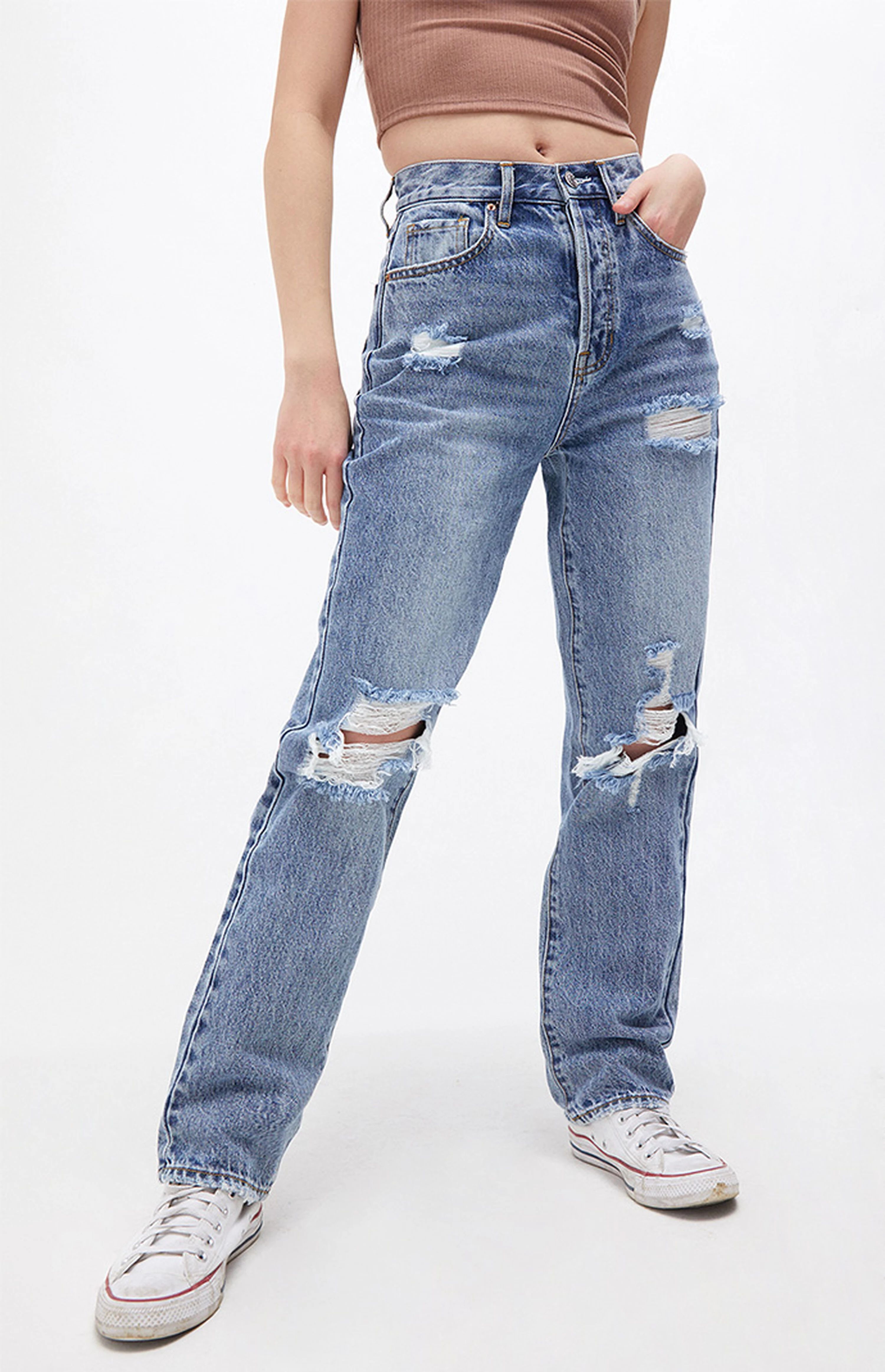 PacSun Eco Medium Blue Distressed Dad Jeans | PacSun | PacSun