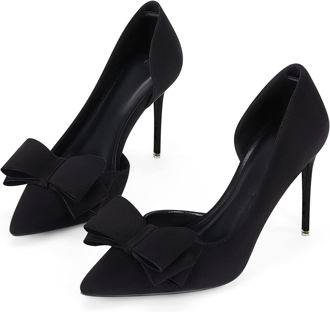 Womens Bow Heels Closed Pointed Toe Dress Shoes Stiletto Slip on Wedding Pumps | Amazon (US)