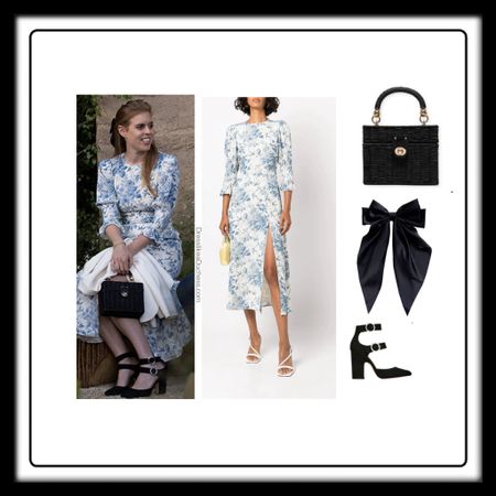 Princess Beatrice reformation dress and Zara wicker blah handbag 