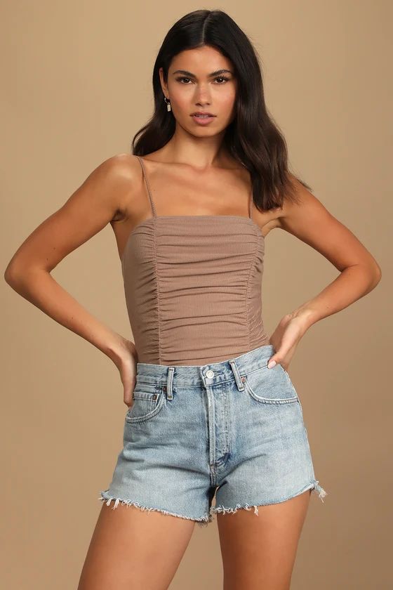Ruche Order Taupe Ribbed Ruched Cami Tank Bodysuit | Lulus (US)