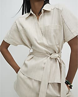 Cream Linen Look Collared Belted Top | River Island UK & IE
