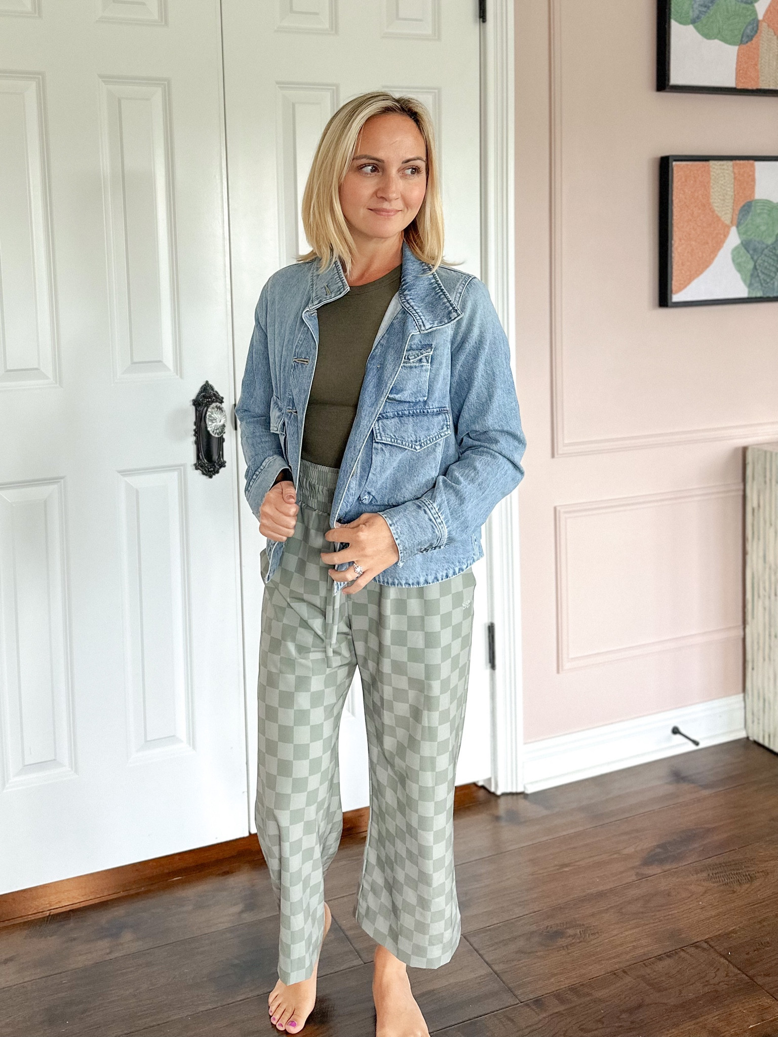 Checkered pants. Denimn Jacket and budget friendly tank. Fall outfit. Petite wear.

#LTKstyletip #LTKSeasonal #LTKunder100
