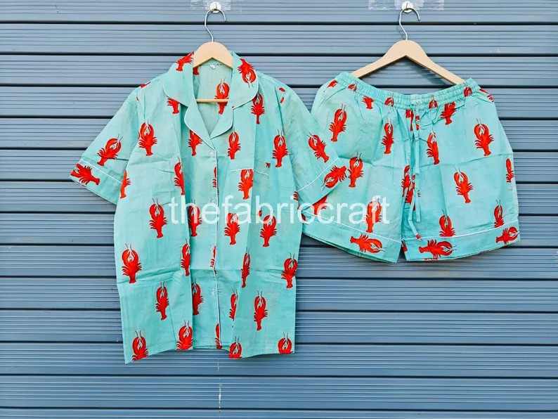 Lobster Print Cotton Pajama Short Set: Indian Print Sleepwear | Etsy (Global)
