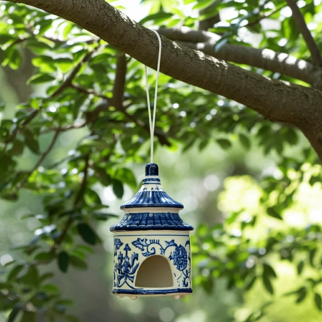 Bethony 8X4.5" Chinoiserie Pagoda Bird House, White/Blue | Wayfair North America