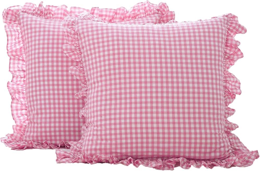 2 Pack Pink Plaid Ruffle Euro Pillow Shams 26x26 inches, Washed Cotton Pink and White Checkered F... | Amazon (US)
