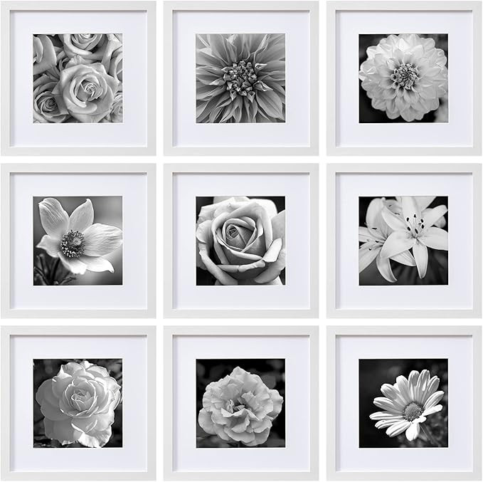 eletecpro 12x12 Picture Frames in White Set of 9, Wooden Square Frame Displays 8x8 with Mat and 1... | Amazon (US)