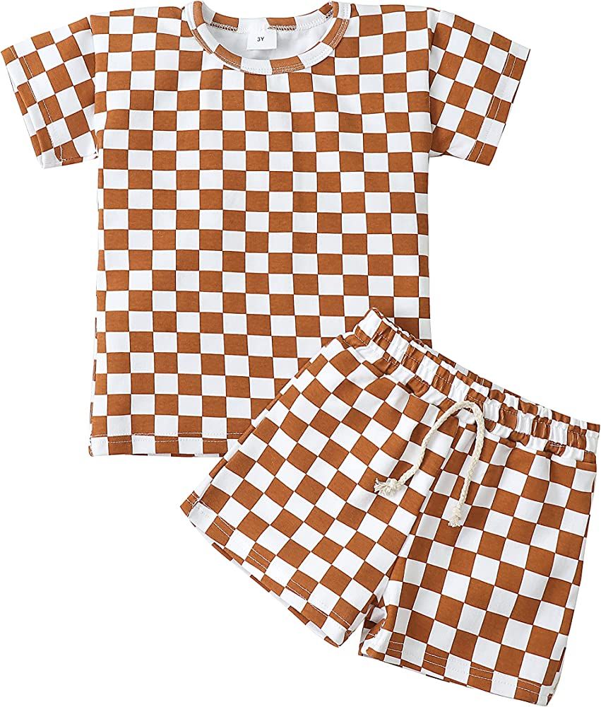 Toddler Baby Boy Clothes Kids Summer Outfits Checkerboard Plaids Short Sleeve T-Shirt Tops + Shorts  | Amazon (US)