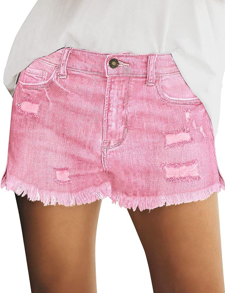 luvamia Women's Casual Mid Rise Denim Shorts Stretch Ripped Raw Hem Jean Shorts | Amazon (US)