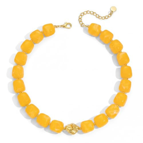 Forgreafa Yellow Chunky Beaded Necklace for Women Trend Boho Statement Necklace Big Resin Bead Summer Choker Light Yellow Amber Jewelry Gifts | Amazon (US)