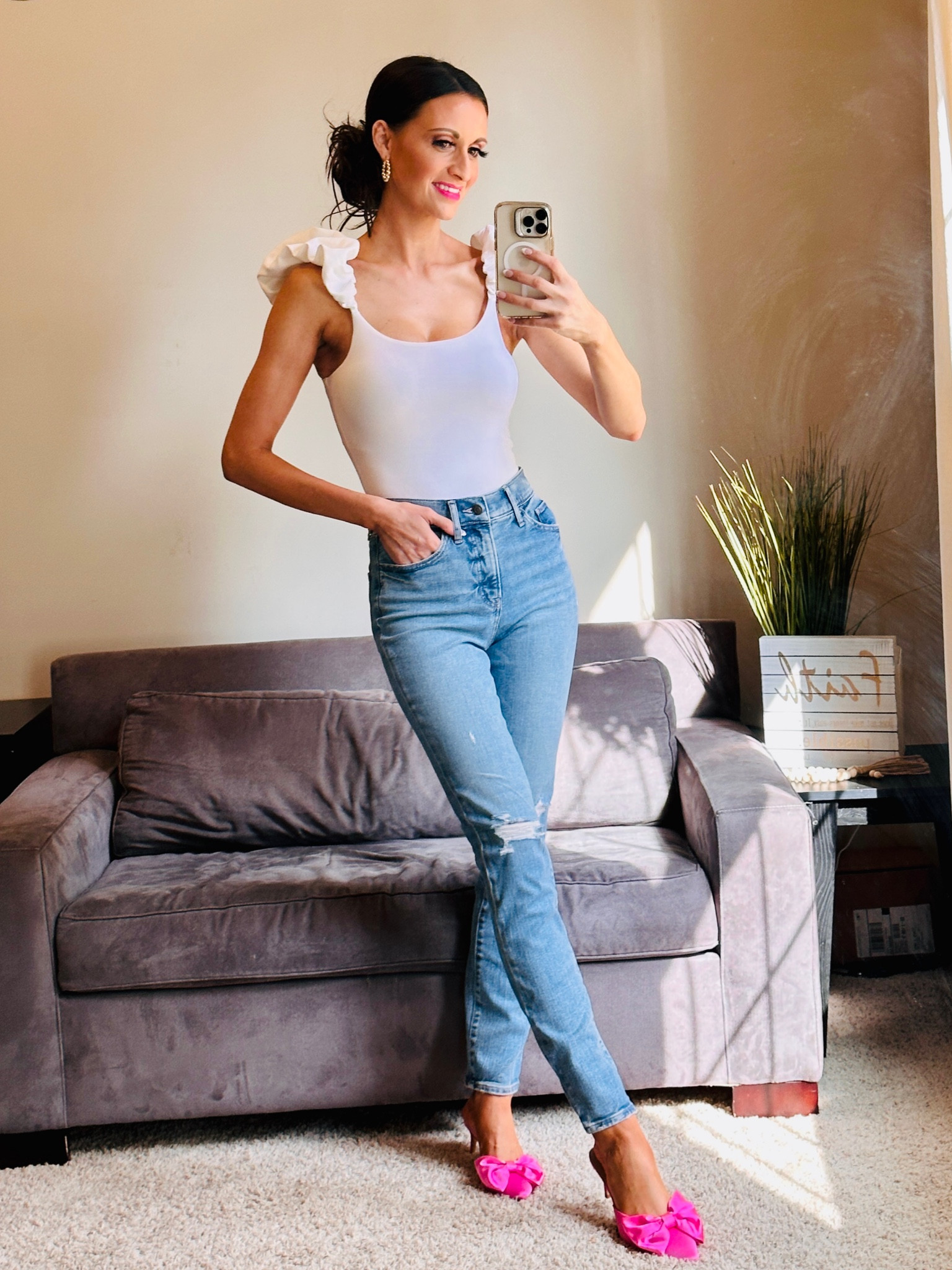 Love this comfy statement bodysuit- goes great with shorts, jeans and skirts 🤍 Comfy new skinny jeans paired with  adorable new pink bow pumps 🩷💓

#LTKFind #LTKshoecrush #LTKunder50