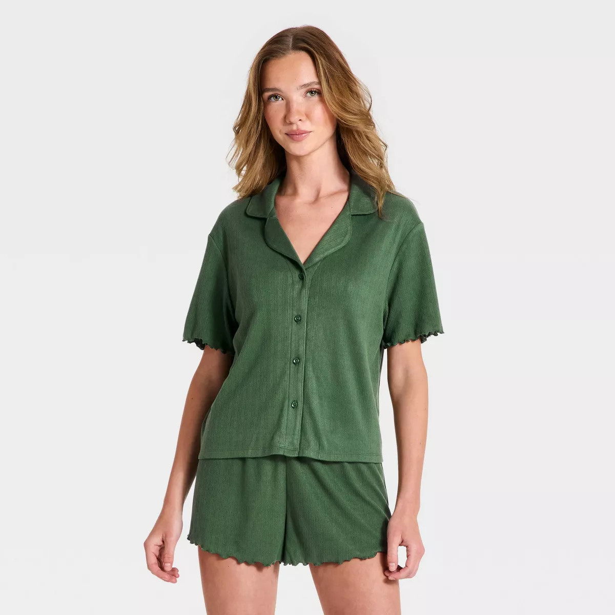 Women's Pointelle Notch Collar Shirt and Shorts Pajama Set - Wild Fable\u2122 Lone Pine Green M | Target