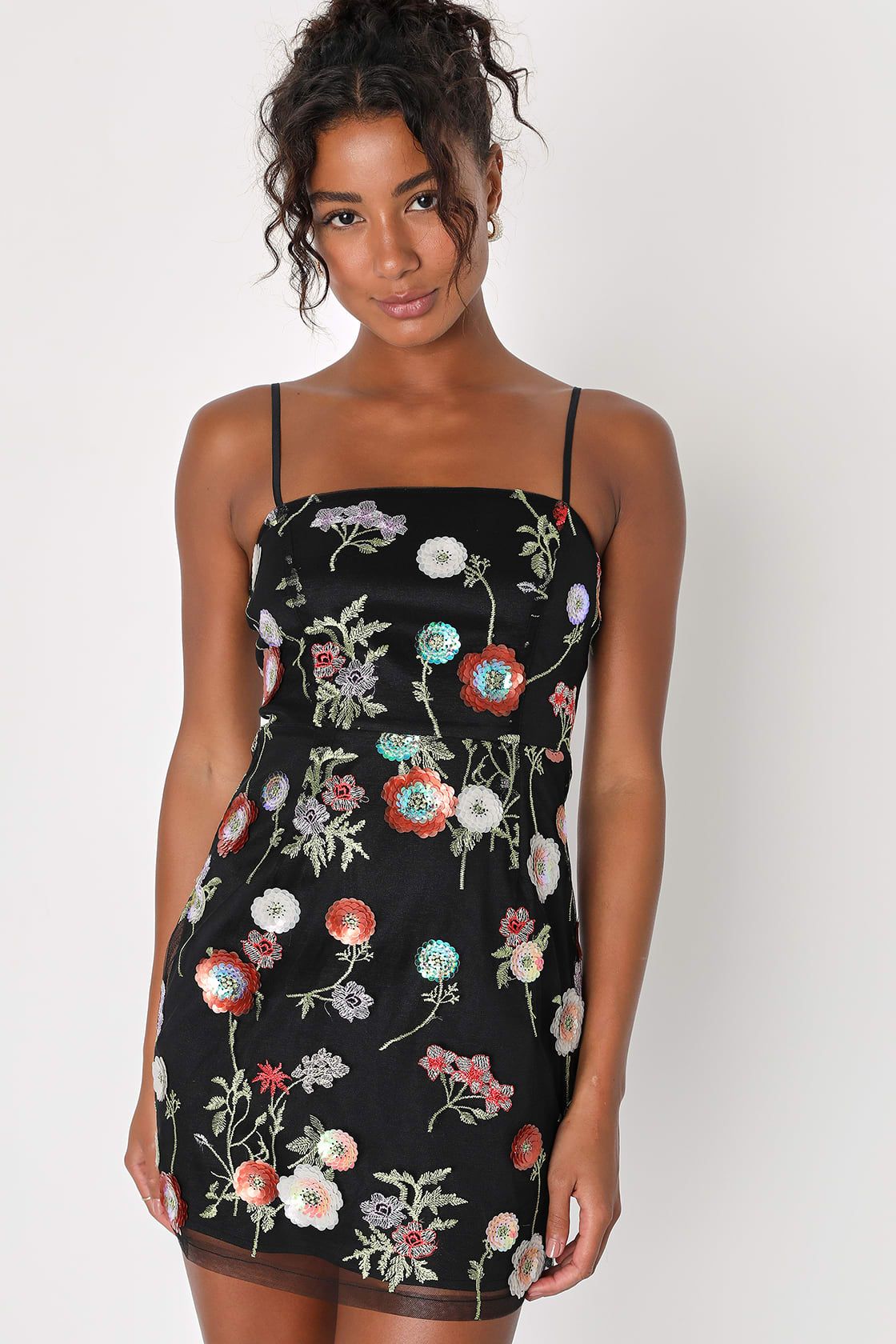 Blooming Aesthetic Black Floral Embroidered Sequin Mini Dress | Lulus (US)