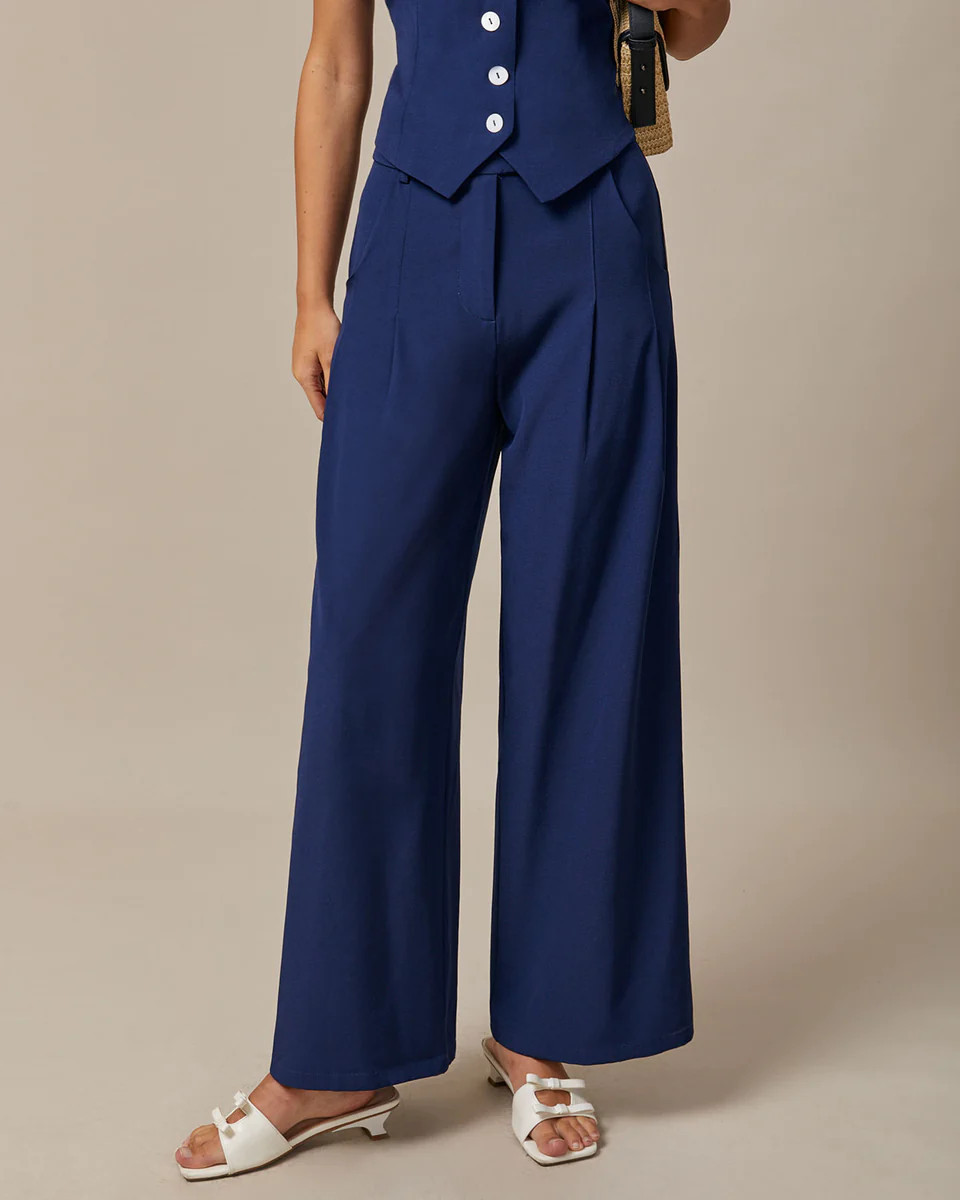 The Navy High Waisted Pockets Straight Pants | rihoas.com