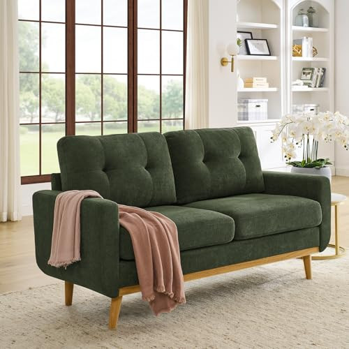 65" W Green Loveseat Sofa, Mid Century Modern Love Seat Couches for Living Room, Button Tufted Upholstered Small Couch for Bedroom, Wood Legs and Easy to Install Love Seats Furniture (Dark Green) | Amazon (US)