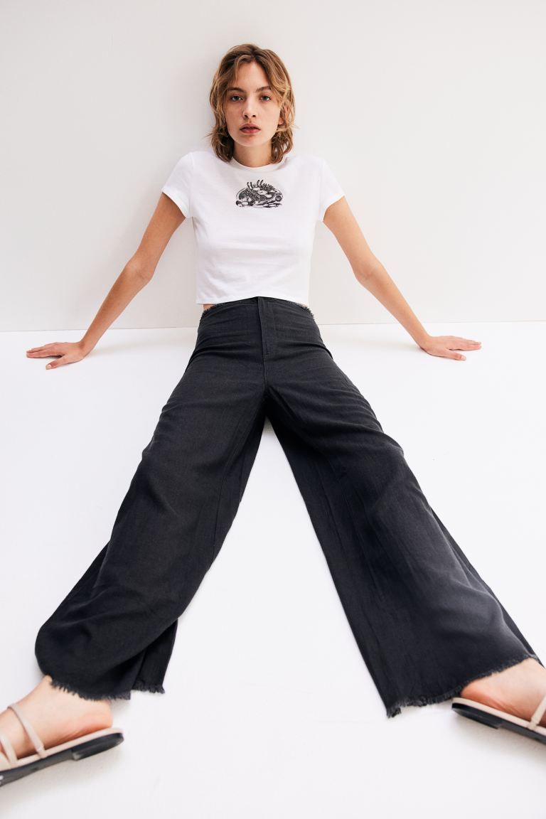 Frayed-edge Linen-blend Pants - Regular waist - Long - Dark gray - Ladies | H&M US | H&M (US + CA)