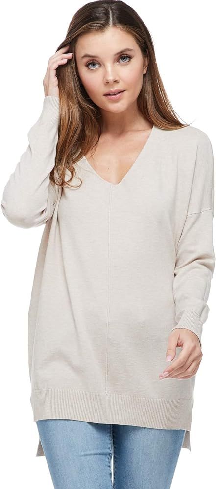 A+D Women's Oversized Extra Soft V-Neck Pullover Sweater Long Sleeved Sweater Top with Hi-Low | Amazon (US)