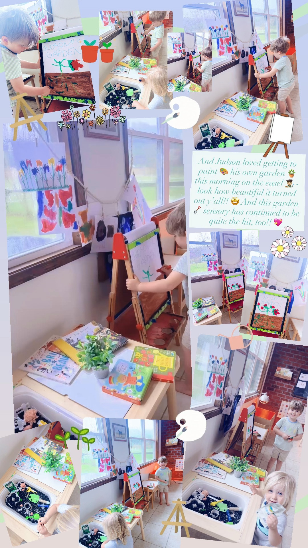 And Judson loved getting to paint 🎨 his own garden 🪴 this morning on the easel 🧑🏼‍🎨 - look how beautiful it turned out y’all!! 🤩 And this garden 🪏 sensory has continued to be quite the hit, too!! 💖