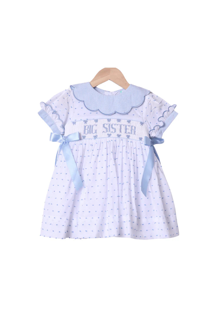 Smocked Big Sister Blue and White Swiss Dot Bow Dress | The Smocked Flamingo