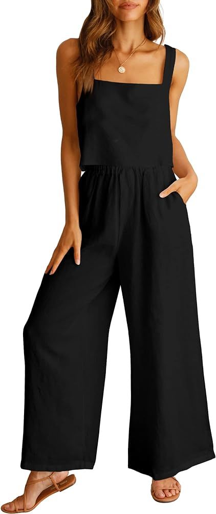 ANRABESS Women's 2 Piece Outfits Square Neck Linen Tank Crop Top Wide Leg Pants Matching Lounge S... | Amazon (US)