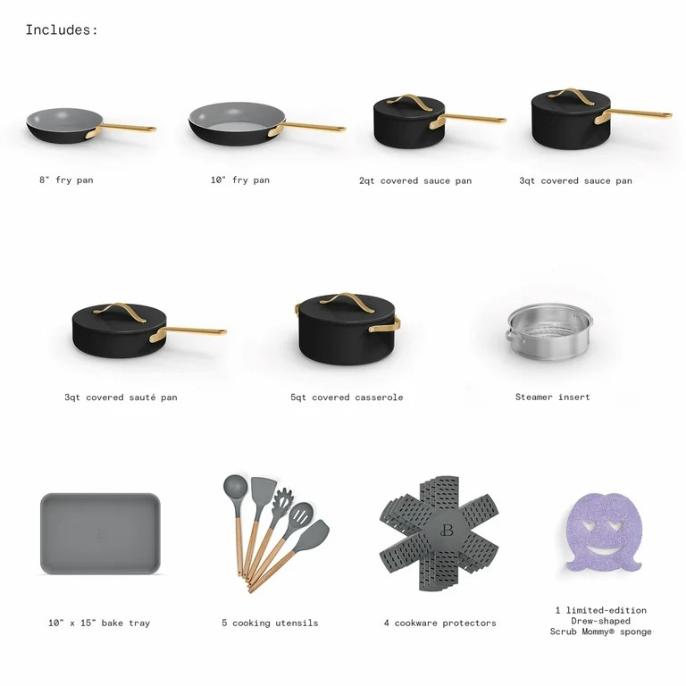 Beautiful 22pc Cookware Set, Black Sesame by Drew Barrymore - Walmart.com | Walmart (US)