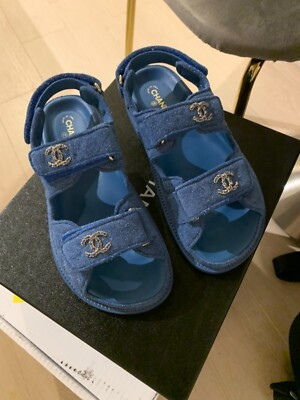 Excellent pre-owned Chanel dad sandals shoes C2021 Blue Suede Sz 36.5 US 6.5 | eBay US