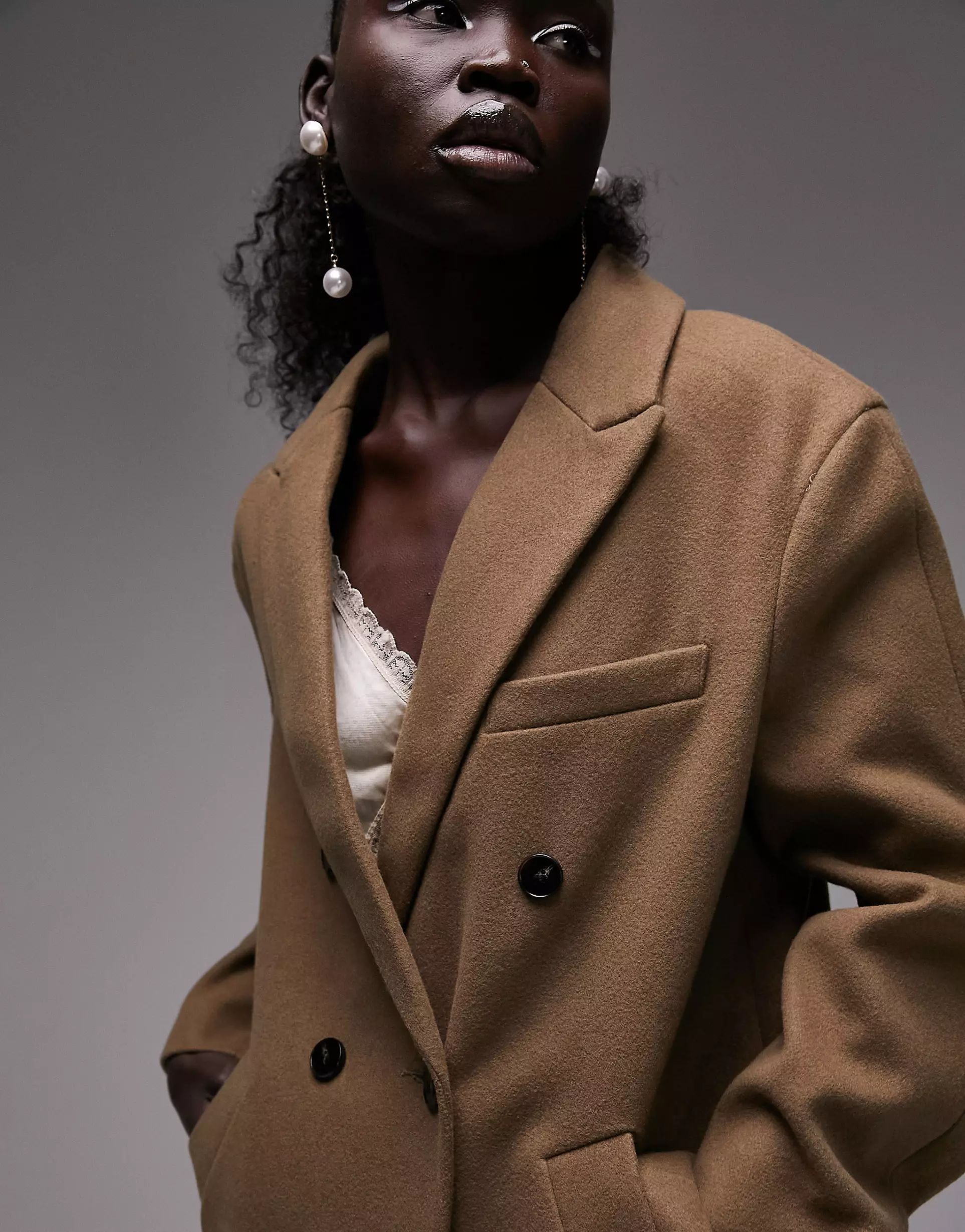 Topshop Petite double breasted long coat in chocolate brown | ASOS (Global)