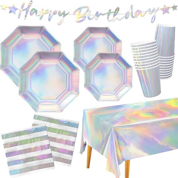 Gatherfun Iridescent Party Supplies - Disposable Paper Plates, Cups, Napkins, Tablecloth & Banner... | Amazon (US)