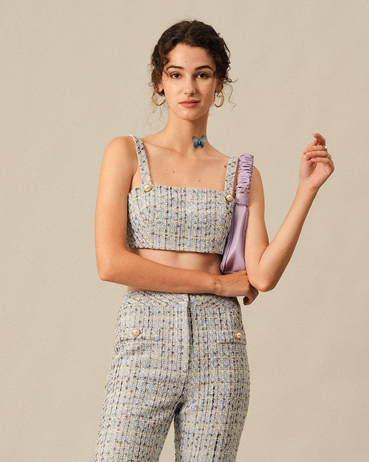 The Plaid Tweed Crop Tank Top & Reviews - Light Blue - Tops | RIHOAS | rihoas.com
