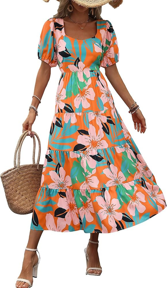 BTFBM Women's Boho Summer Dresses Short Sleeve Floral Print Smocked Tie Back Tiered A-Line Flowy ... | Amazon (US)