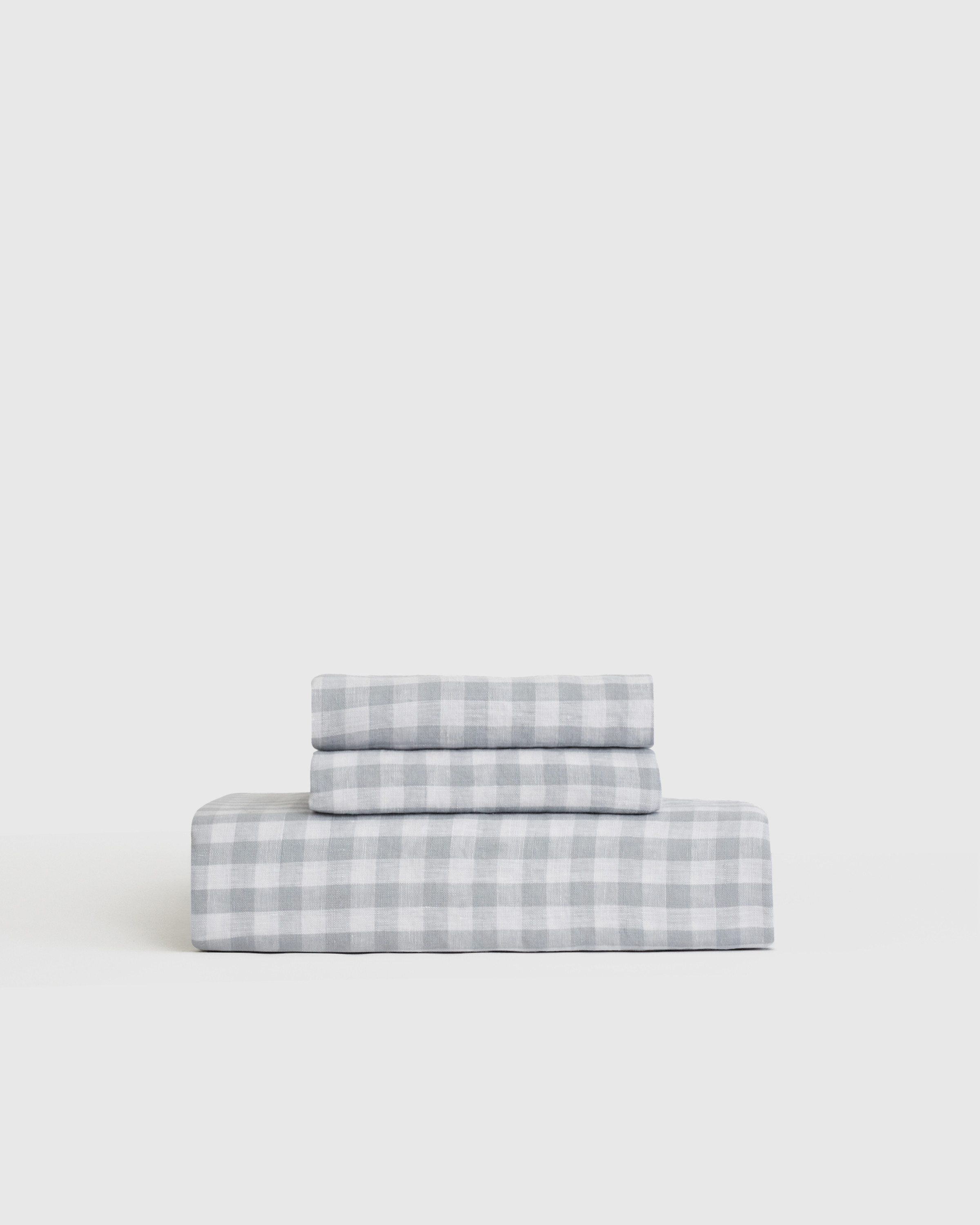 Quince | European Linen Fitted Sheet Set in Blue Fog Gingham, Size Queen | Quince