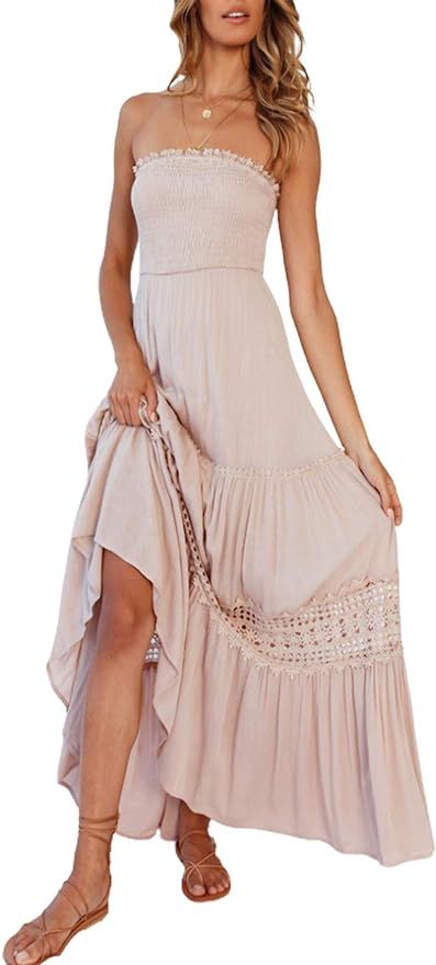 Amegoya Women's Boho Off Shoulder Maxi Dress Summer Strapless Beach Long Maxi Dress | Amazon (US)