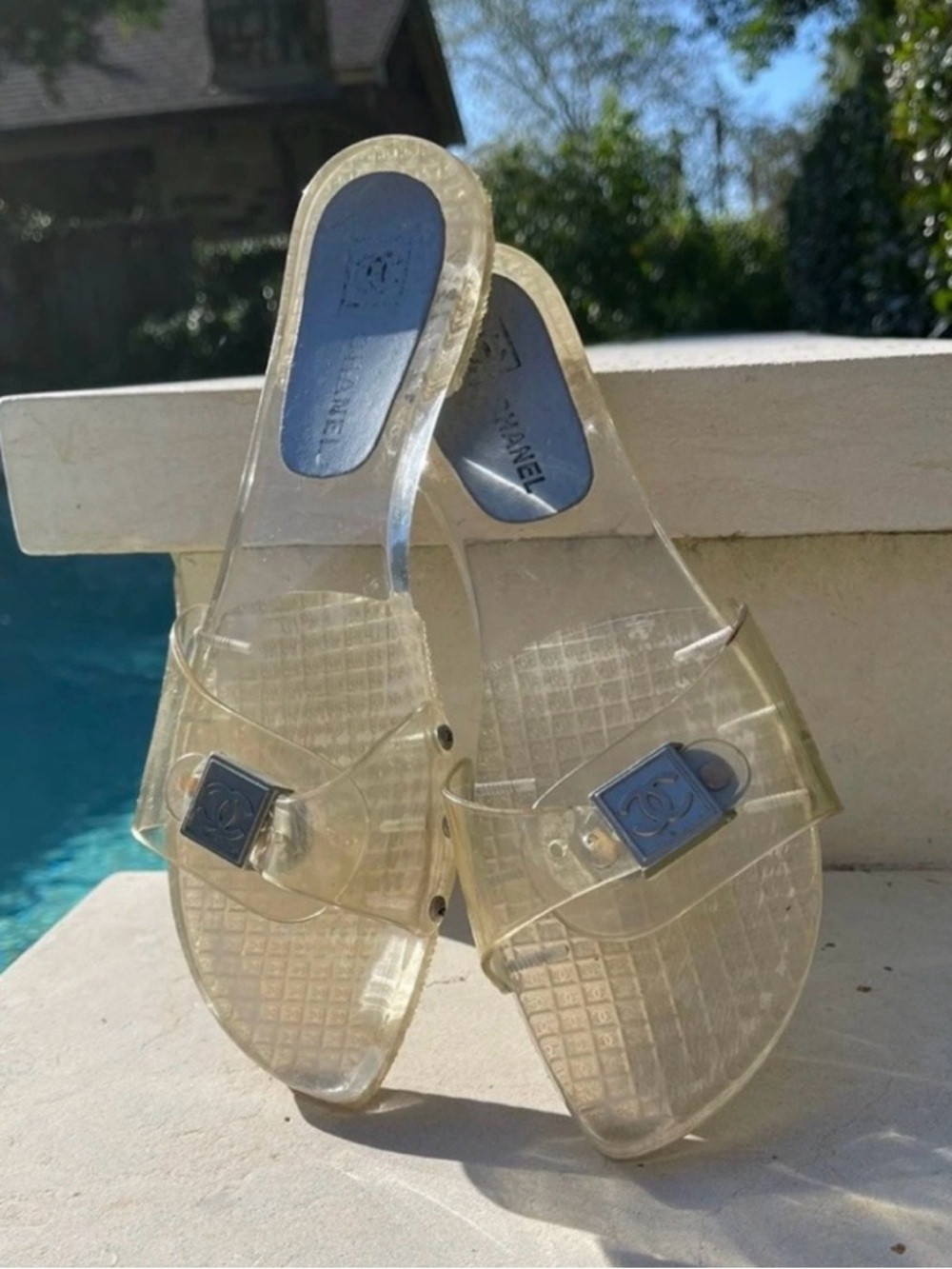AUTHENTIC CHANEL Clear Slide Sandals with Silver Logo Plaque | Poshmark