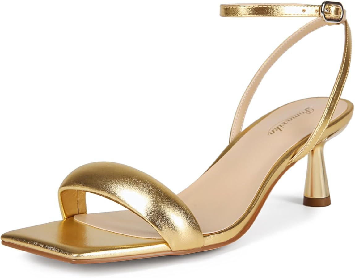 wide width sandals for women Ankle-Strap slingback Kitten heels Square Toe low Heel strappy heele... | Amazon (US)