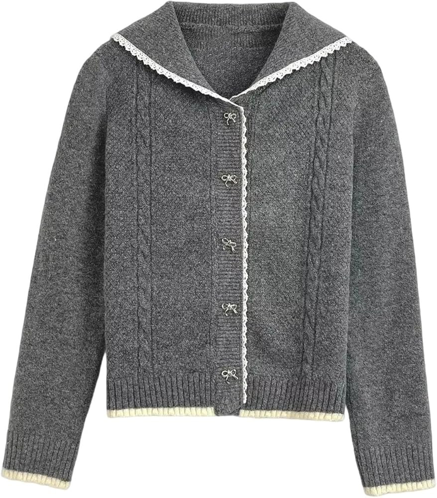 UIOKLMJH Women's Soft Formal Lace Spliced Single Breasted Lapel Knitted Cardigan Coat | Amazon (US)