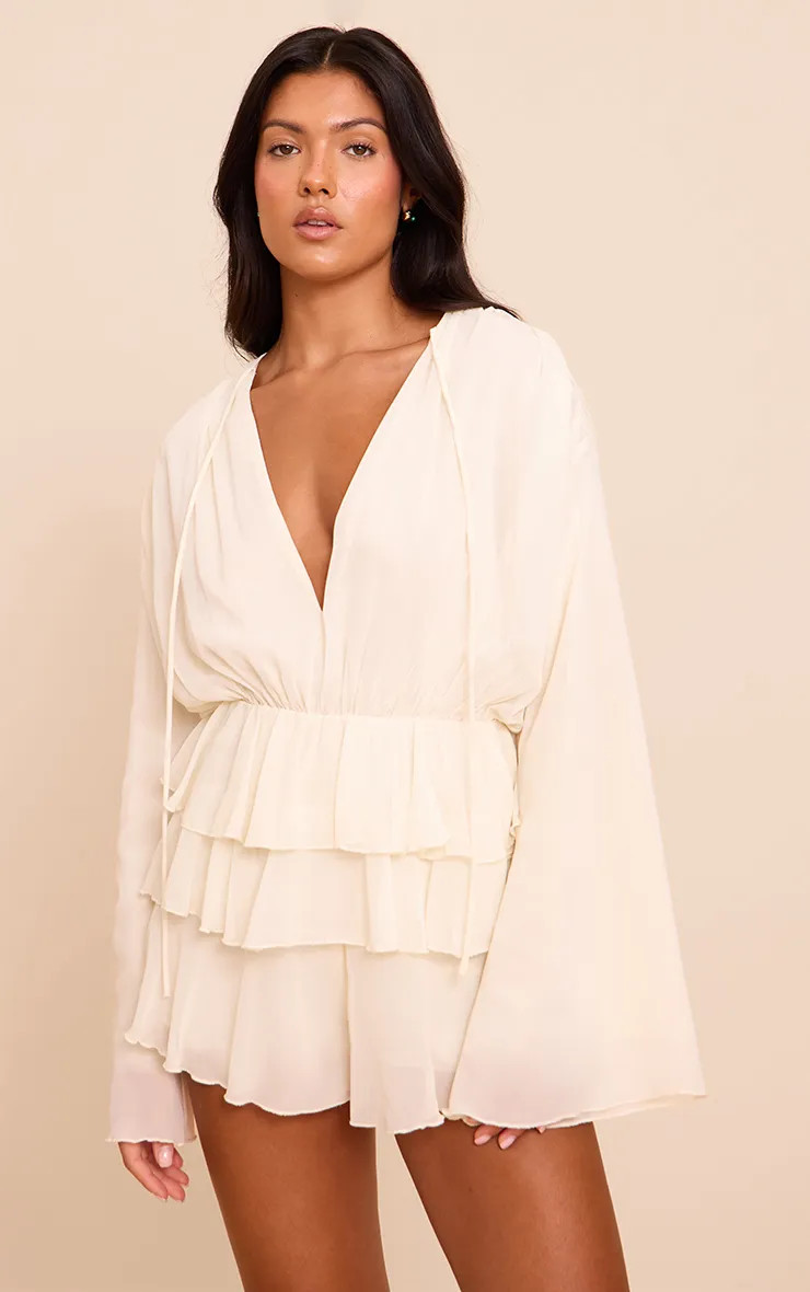 Cream Chiffon V Neck Frill Tiered Playsuit | PrettyLittleThing UK