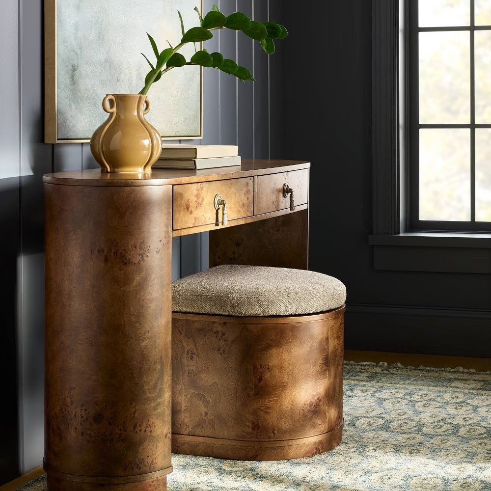 Burled Wood Upholstered Storage Ottoman Dark Brown - Threshold designed | eBay US