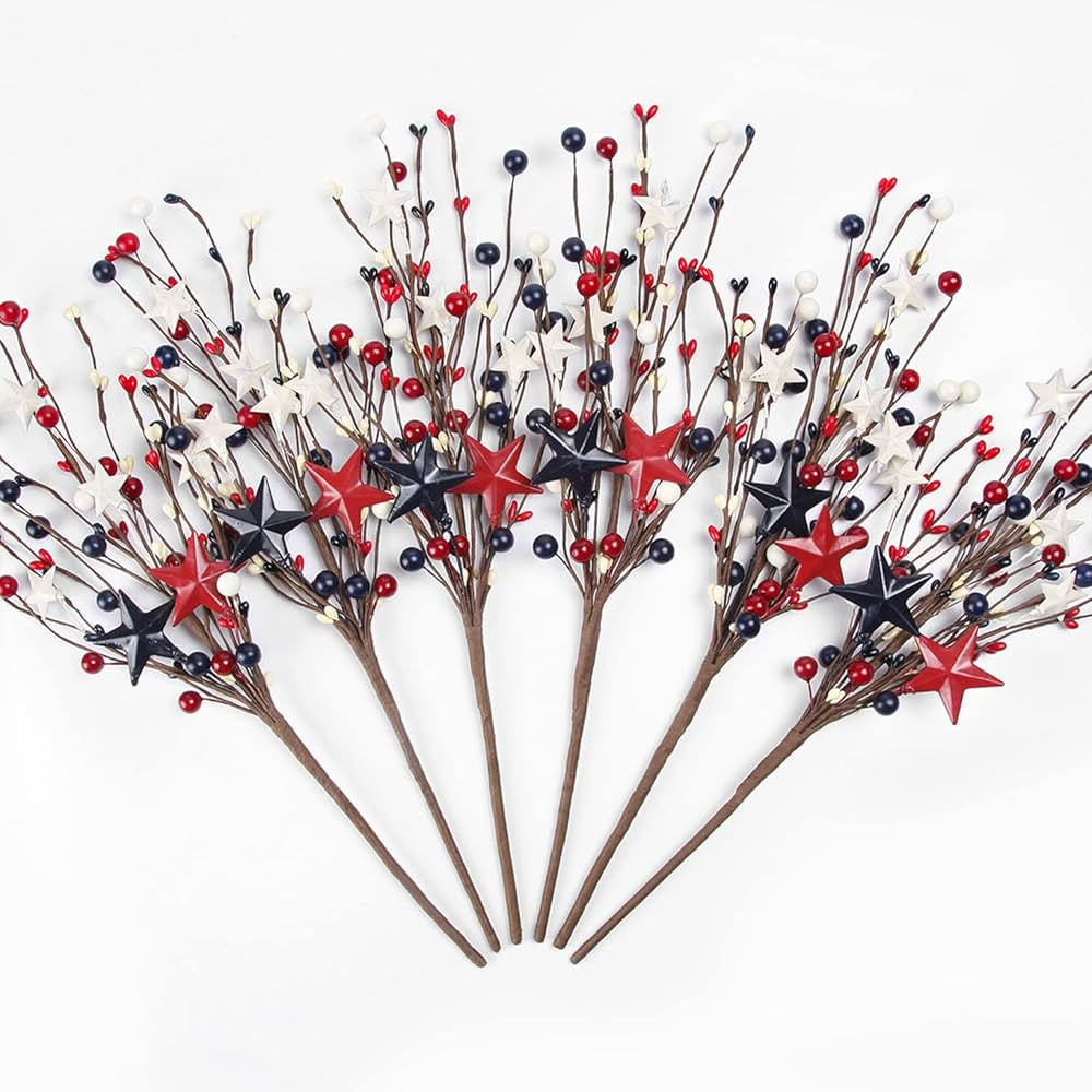 Quera 6 Pack Patriotic Artificial Berry Stem Picks White Blue Red Stars for 4th of July Independe... | Amazon (US)