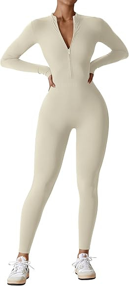 YEOREO Women Long Sleeve Workout Jumpsuit Zip Up Romper Bottom Pants Bodysuit Bodycon Sexy One Pi... | Amazon (US)
