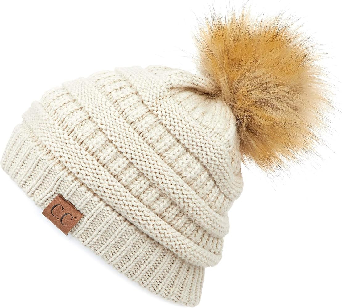 C.C Fur Pom Winter Fall Trendy Chunky Stretchy Cable Knit Beanie Hat | Amazon (US)
