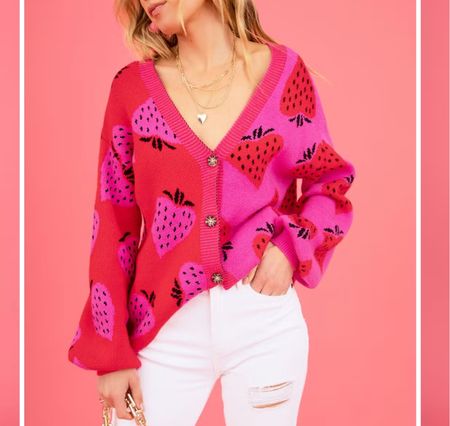 The cutest two tone strawberry button up sweater! Perfect for Valentine’s Day with the pink and red! 

#LTKSeasonal #LTKstyletip #LTKunder100