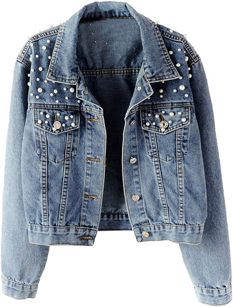 Women Oversized Denim Jacket Embroidered Pearls Beading Jeans Coat | Amazon (US)