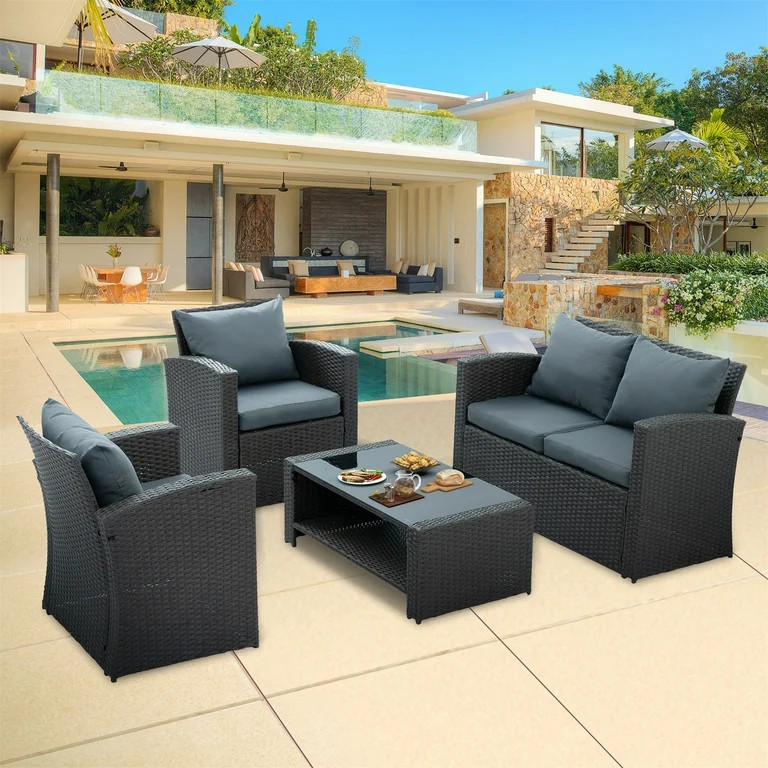 Highsound 4 Pieces Patio Furniture Set, All Weather Outdoor Brown Rattan Sectional Conversation S... | Walmart (US)