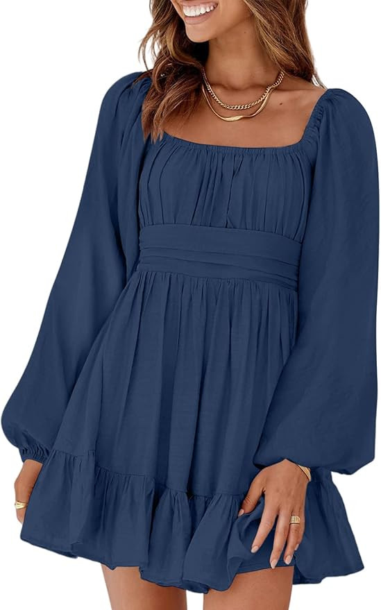 Dokotoo Womens Dress Long Lantern Sleeve Square Neck Tie Backless Sexy Dress Ruffle Elastic Waist... | Amazon (US)