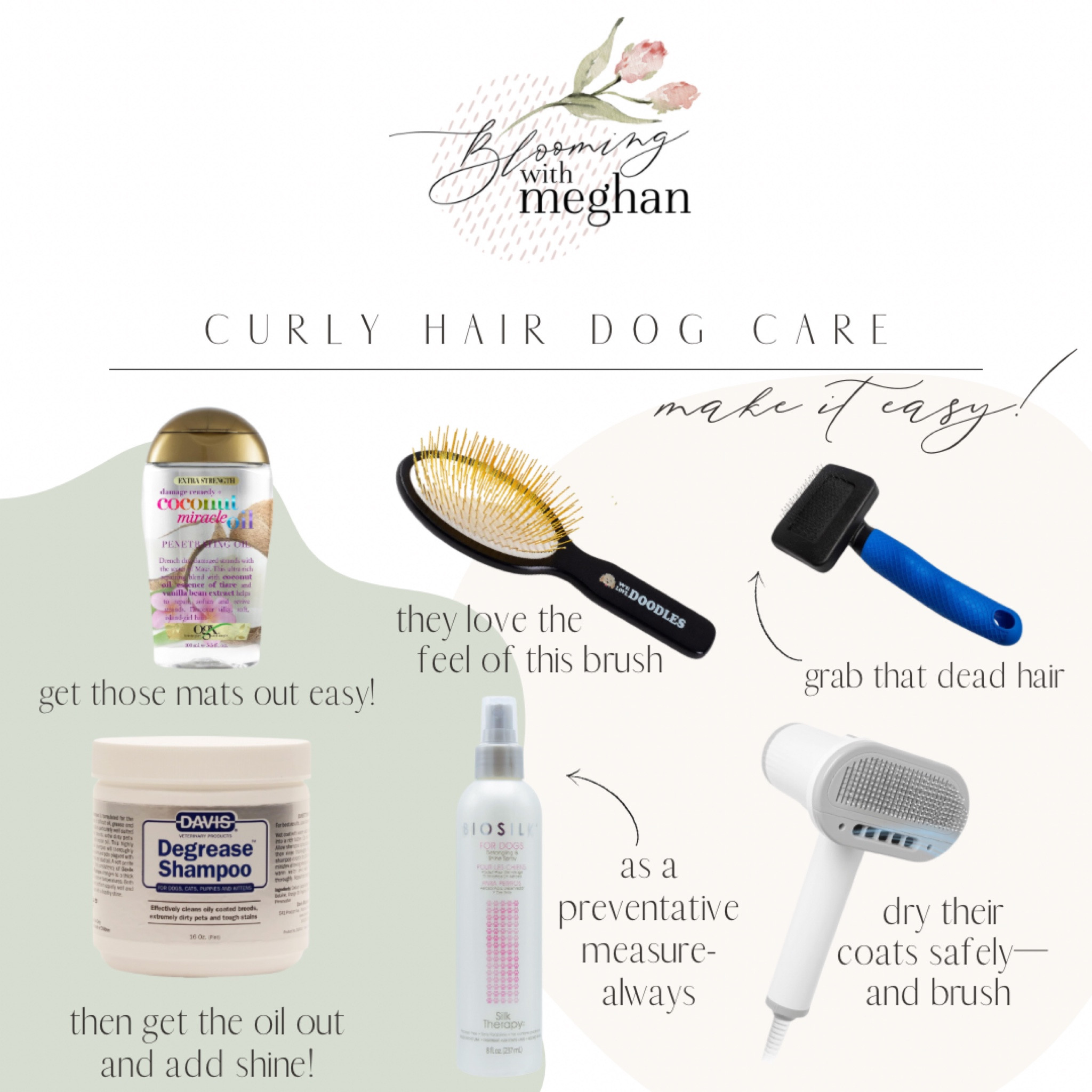 Dogs with long, curly hair require a lot of maintenance, and it can be challenging! So, if you’re in a situation where you have a dog with a needy coat maintenance schedule, I have found some stuff that works wonders! 

First, before a bath, detangle it all. Water actually makes tangles worse! I had no idea, and let me tell you, from experience, this is true. 

To get out tough mats, coconut oil is KEY. Seriously. Key. I isolate the mat, rub some coconut oil in it, and carefully brush it out. Which brings me to…

Brushes. My maltipoo HATES being brushed, and I’ve realized over time, that it’s the brush. I have always just picked up what was at the pet store, and I’ve learned that curly hair is DIFFERENT. I found an awesome pin brush made specifically for curly coats, and when I tell you this brush-hating pup had the spa appointment of his life, I’m not kidding. Rolling onto his belly and all! Now that has NEVER happened. 

Okay, the coconut oil is in, the mats are out. It’s time for a bath. You are gonna need a degreaser shampoo that will get all that coconut oil out…or your curly pup will have very crunch curls… 😬. 

With this shampoo, I lather him all up and leave it on for about 5 minutes while I go in with the slicker brush to slowly go over his coat to grab any dead hair I missed. And I give him lots of pets and kisses. The best part? You don’t even need conditioner. It leaves his coat so soft and shiny!

After I dry him off—careful not to make more mats, he is a shivering little thing, so I bust out the doggie blow dryer. I love this one. It has heat control so it will never get too hot, and I can continue to brush him out while I dry and warm him back up. I do put some detangling spray in the spots that usually mat (neck, armpits, back legs) and dry him all up. 

When he’s nice and clean, he gets a treat!

In between baths (about every 4 weeks), I brush him daily with the pin brush and the mat issue has really decreased. Easy peasy! 🍋 

#LTKfindsunder50 #LTKsalealert