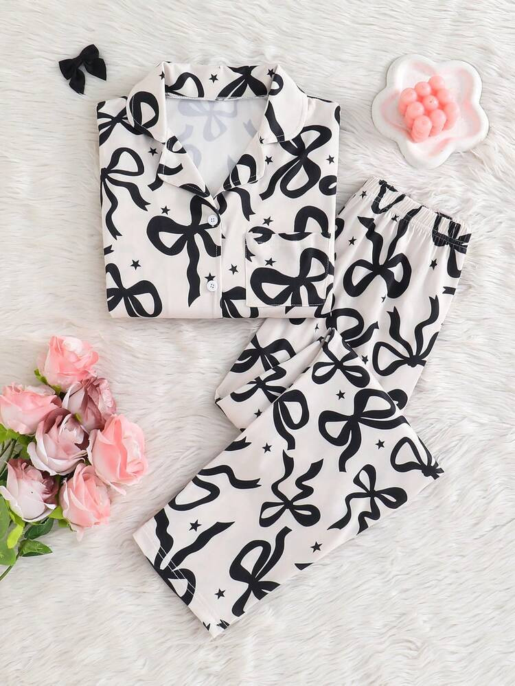 School Girl Pajamas, Tween Girl Apricot Bow Print Long Pants And Long Sleeve Casual 2 Pieces Loungewear, Ideal New Year Gift | SHEIN