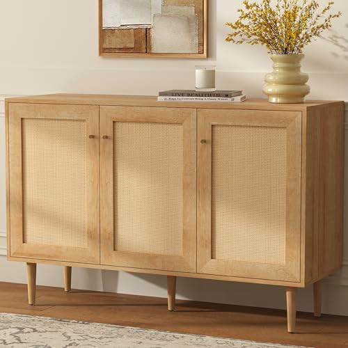 EYYTHUNG Rattan Storage Cabinet with 3 Doors, Boho Sideboard Buffet Cabinet Wooden Farmhouse Credenza Cabinet with Adjustable Shelves for Living Room Kitchen Entryway Hallway, Natural Oak | Amazon (US)