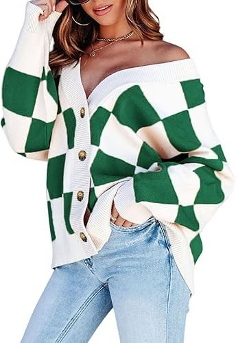 Dokotoo Womens Plaid V Neck Button Down Long Sleeve Cable Knit Oversized Cardigan Sweaters Tops | Amazon (US)