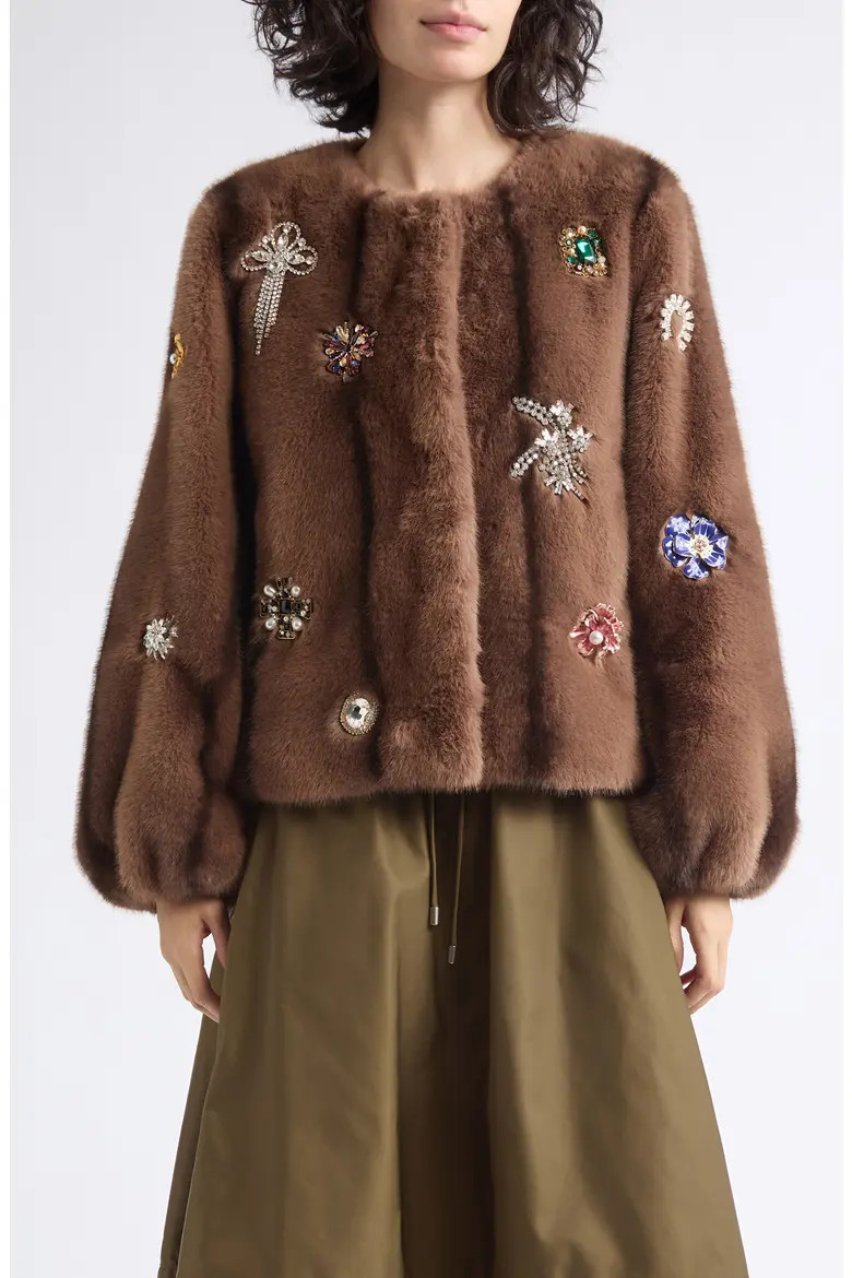Cinq à Sept Benson Jewel Cluster Faux Fur Coat in Taupe at Nordstrom, Size X-Small | Nordstrom