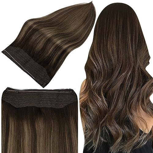 Full Shine Wire Hair Extensions Real Human Hair Dark Brown Balayage to Brown Mix Ash Brown 20 Inch Secret Extensions with Transparent Fishing Line 80G Removable Hairpiece for Women | Amazon (US)